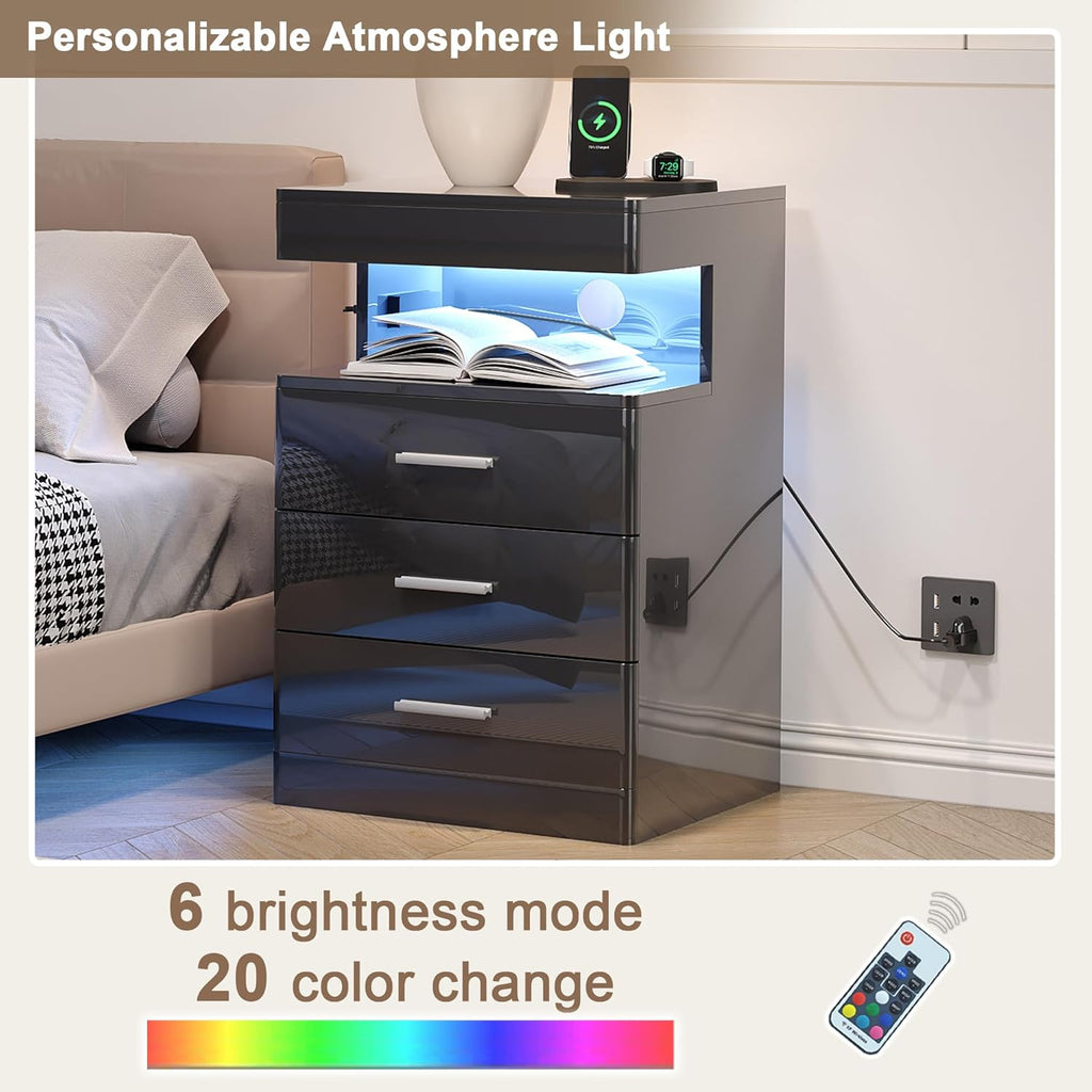 Led Nightstand with Hidden Space, Modern Night Stand with Charging Station, 3 Drawer Smart Nightstand with Glossy