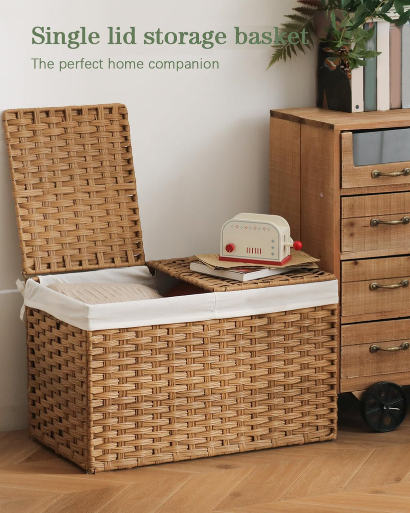 Storage Basket with Lid Rattan Woven Storage Baskets with 2 Separate Lids, 17.2 Gallon (65 L), 22 x 13 x 13.8