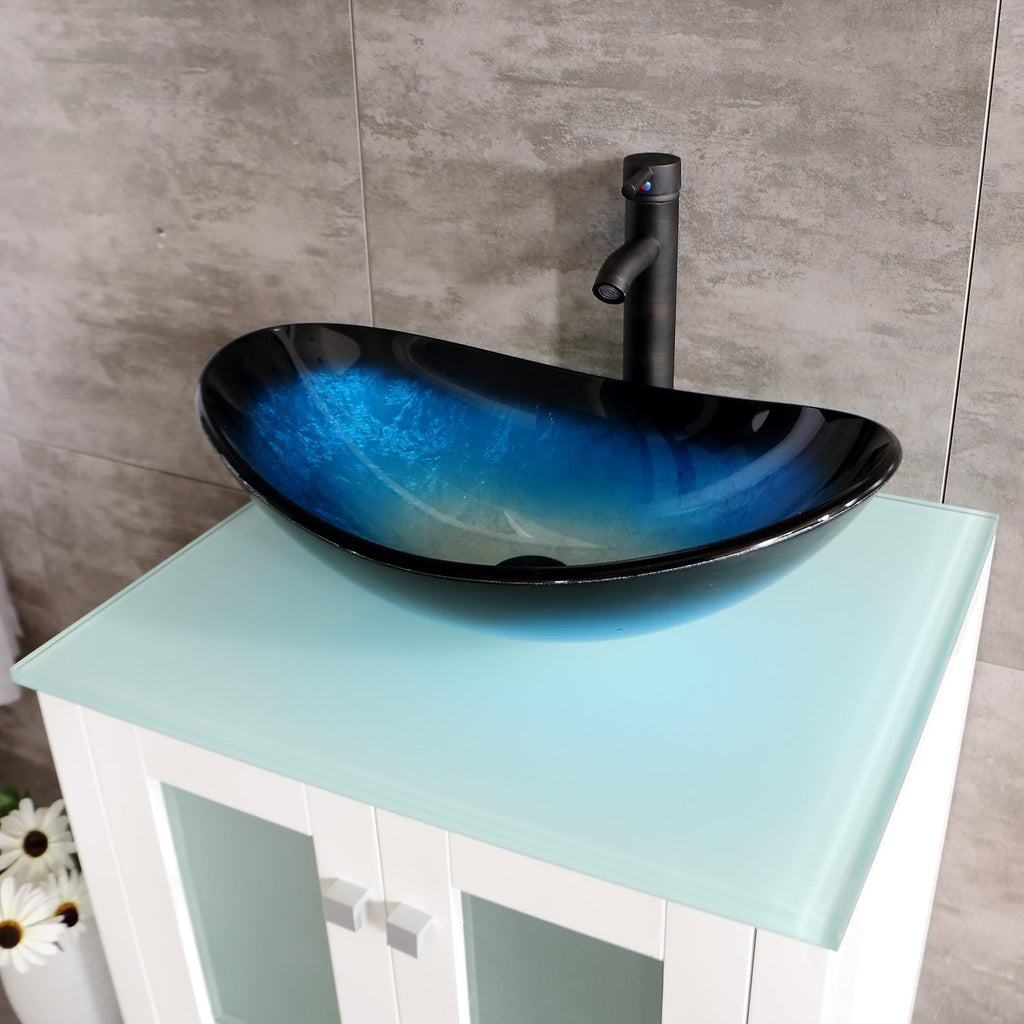 24" Bathroom Vanity Tempered Glass Vessel Sink Combo Cabinet Countertop Sink Bowl w/Mirror Set (Blue Oval)