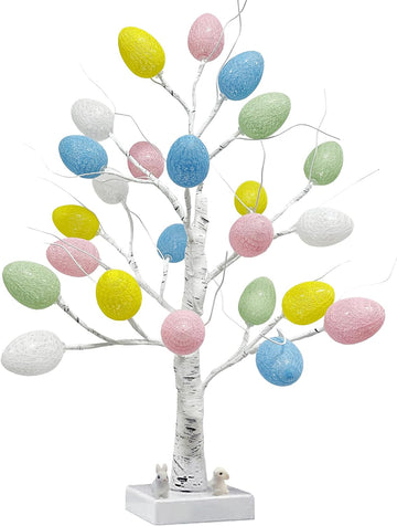Easter Decorations,Pre-Lit Artificial Easter Egg Tree with LED Lights,2FT Lighted Birch Tree,Light up Tree Lamp