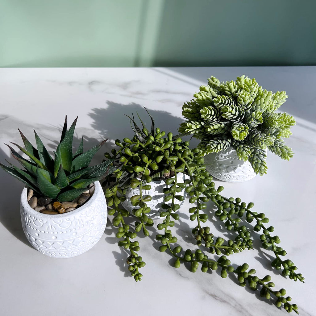 3 Pcs Assorted Small Potted Succulent Plants Artificial Aloe Hanging Succulent in White Geometric Concrete Ceramic
