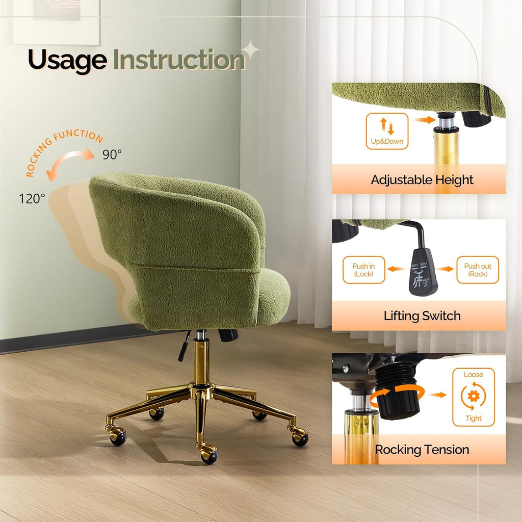 Modern Curved Office & Vanity Desk Chair, Cute Upholstered Nail Chair with Wheels & 360° Swivel & Club & Tilting & Gold Base, for Bedroom, Living Room, Makeup, Velvet Chenille, Green
