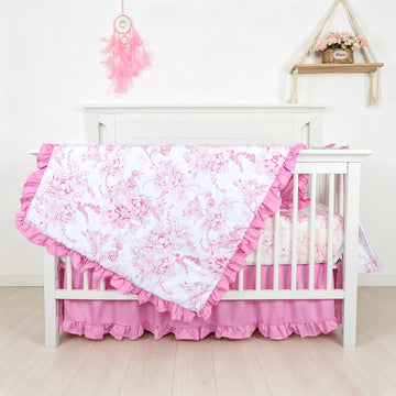 Crib Bedding Set for Girls, Ruffled Floral Crib Comforter Set, 4 Pieces Soft Nursey Bedding Set Including Quilt, Crib