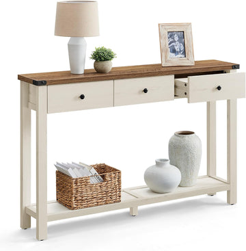 Console Sofa Table, Narrow Entryway Table with 3 Drawers, Open Storage Shelf, Metal Corners, , Farmhouse