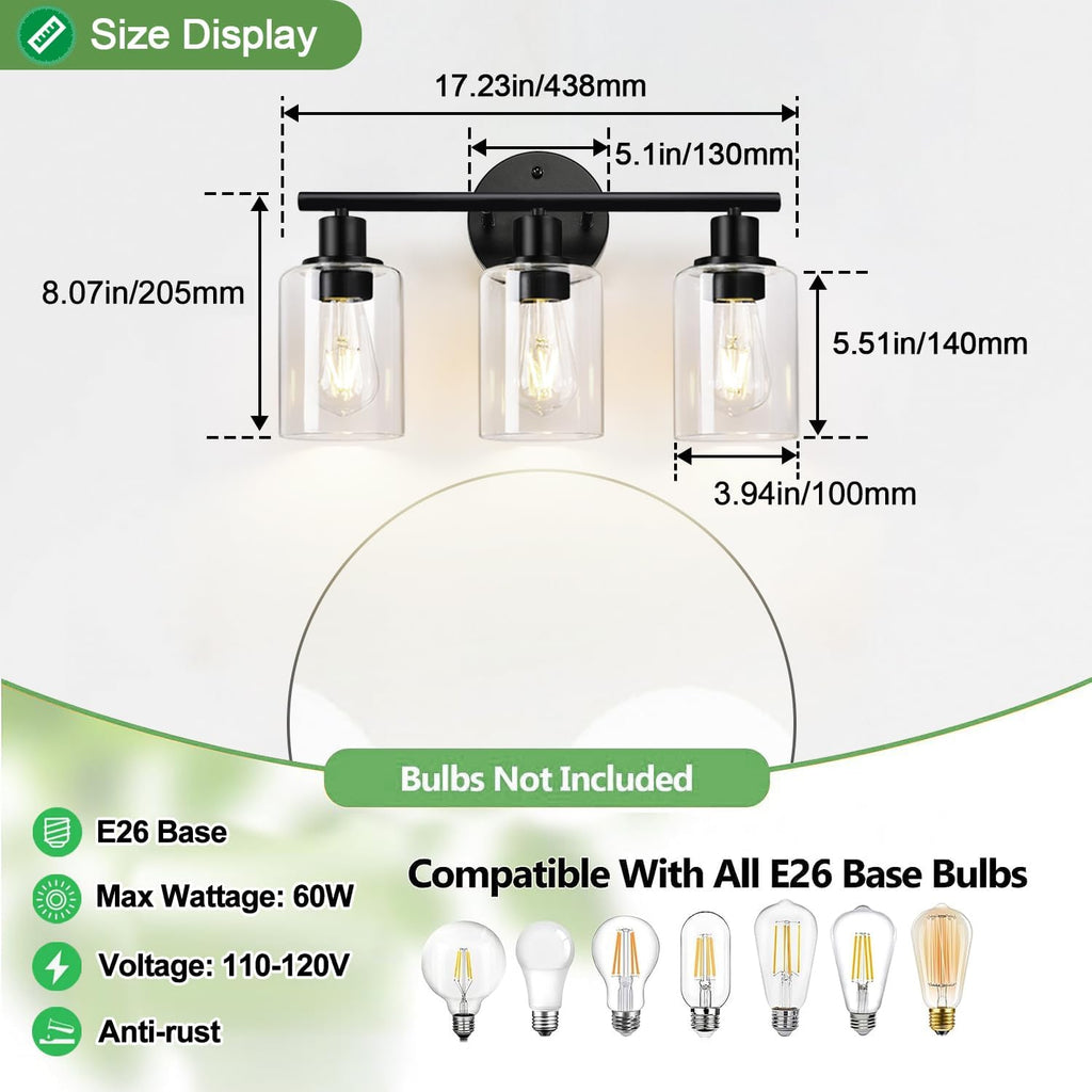 3-Light Bathroom Light Fixtures, 17.23" Black Modern Vanity Lights with Clear Glass Shade, Bathroom Wall Lamp for