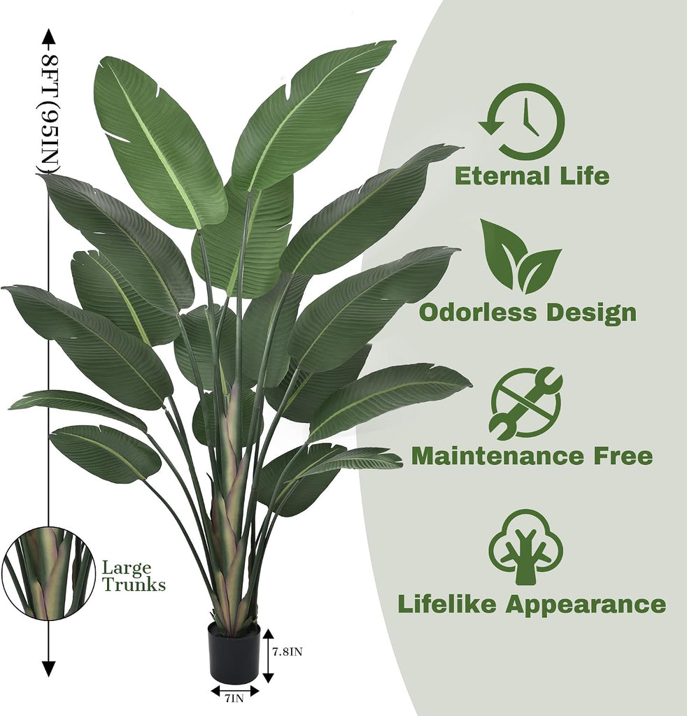 8ft Tall Bird of Paradise Artificial Tree (94 Inch) with Large Trunks and Realistic Leaves Big Faux Floor Potted