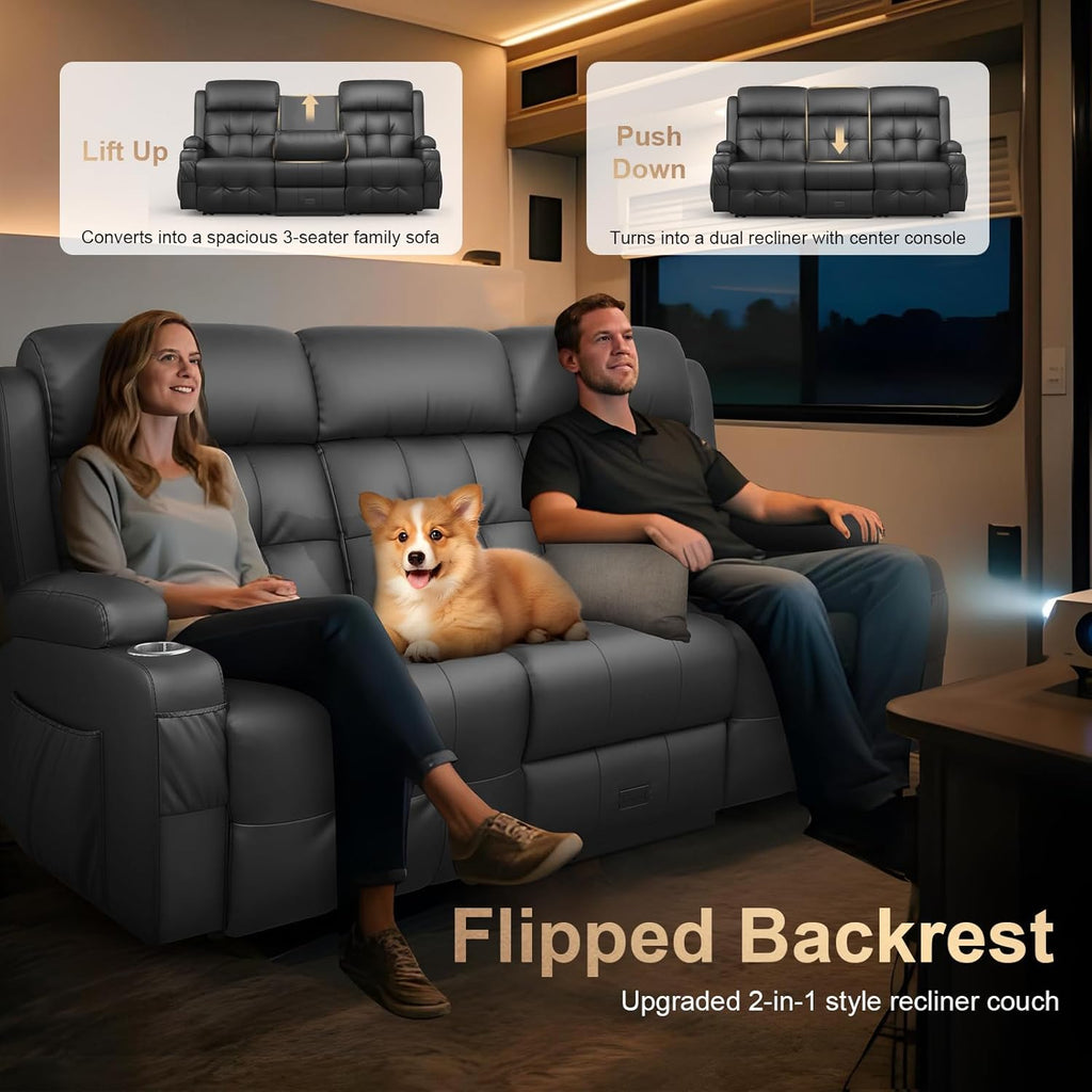 3-Seater Loveseat Recliner Sofa, Home Theater Seating Reclining Couch with Flip Middle Backrest