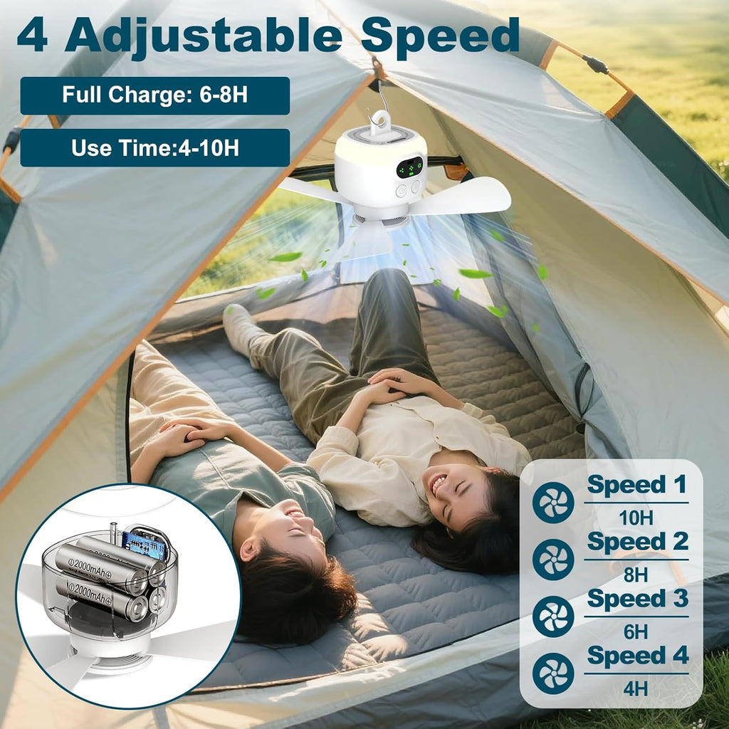 Portable Camping Fan,Tent Ceiling Fan,Rechargeable 8000mAh with Light & Hook,Timable & Auto Shut Off,Detachable Fan Blade, Used for Tent Canopy RV Gazebo Beach Dormitory Bedroom