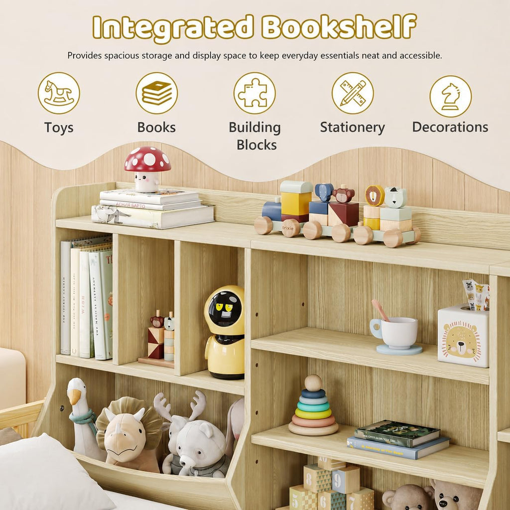 Full Size Floor Bed with High Solid Guardrail & 4-Tier Storage Cabinet, Premium Wood Bed Frame for Kids, Boys and