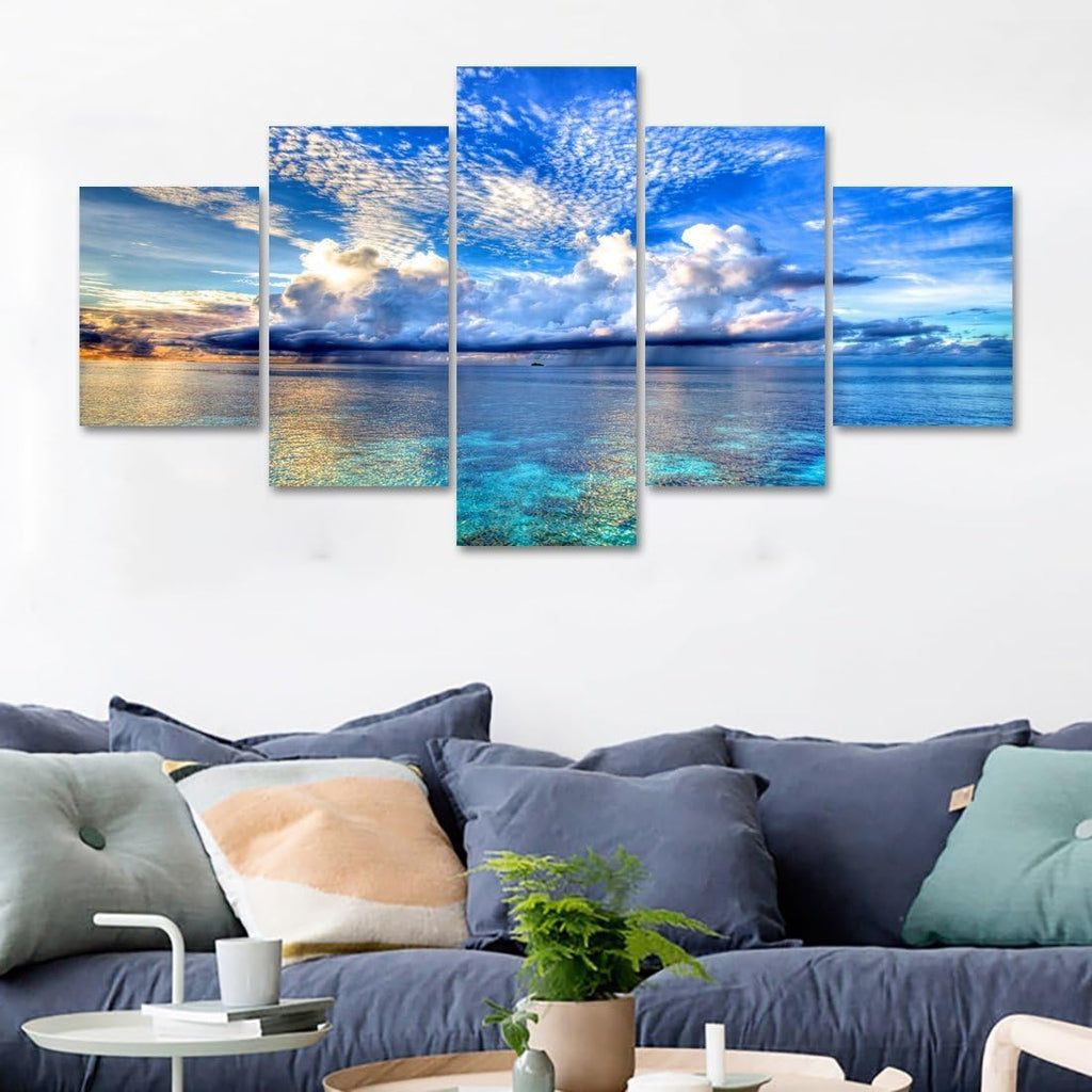 White Cloud Blue Sky Modern Seaside 5 Piece Giclee Seascape Canvas Prints Artwork on Canvas Landscape Wall Art Decor