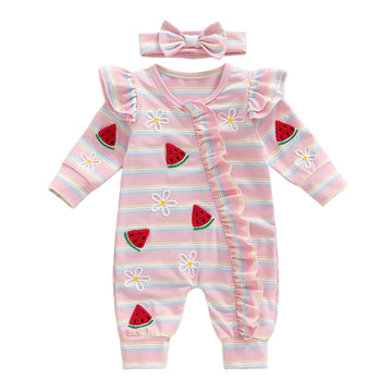 Girl Coming Home Outfit Newborn Ruffle Onesie Long Sleeve Zipper Romper Jumpsuit Cute Clothes+Headband (Embroidered