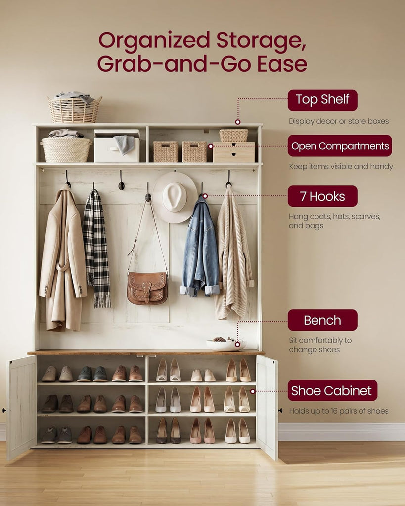 Hall Tree with Bench and Shoe Storage, 5-in-1 Coat Rack with Shoe Bench, Adjustable LED Light, 7 Double Hooks