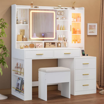 Makeup Vanity Desk with Sliding LED Lighted Mirror, 47.2"W Large Vanity Desk with Drawers, Shelves and Side Storage