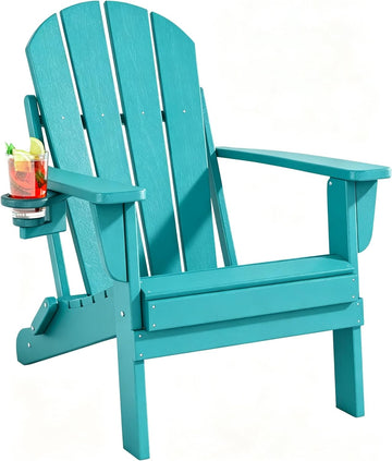 Folding Adirondack Chairs Set, All-Weather Resistant HDPE Sturdy Outside Chairs with Cup Holder and Phone Stand, Lawn