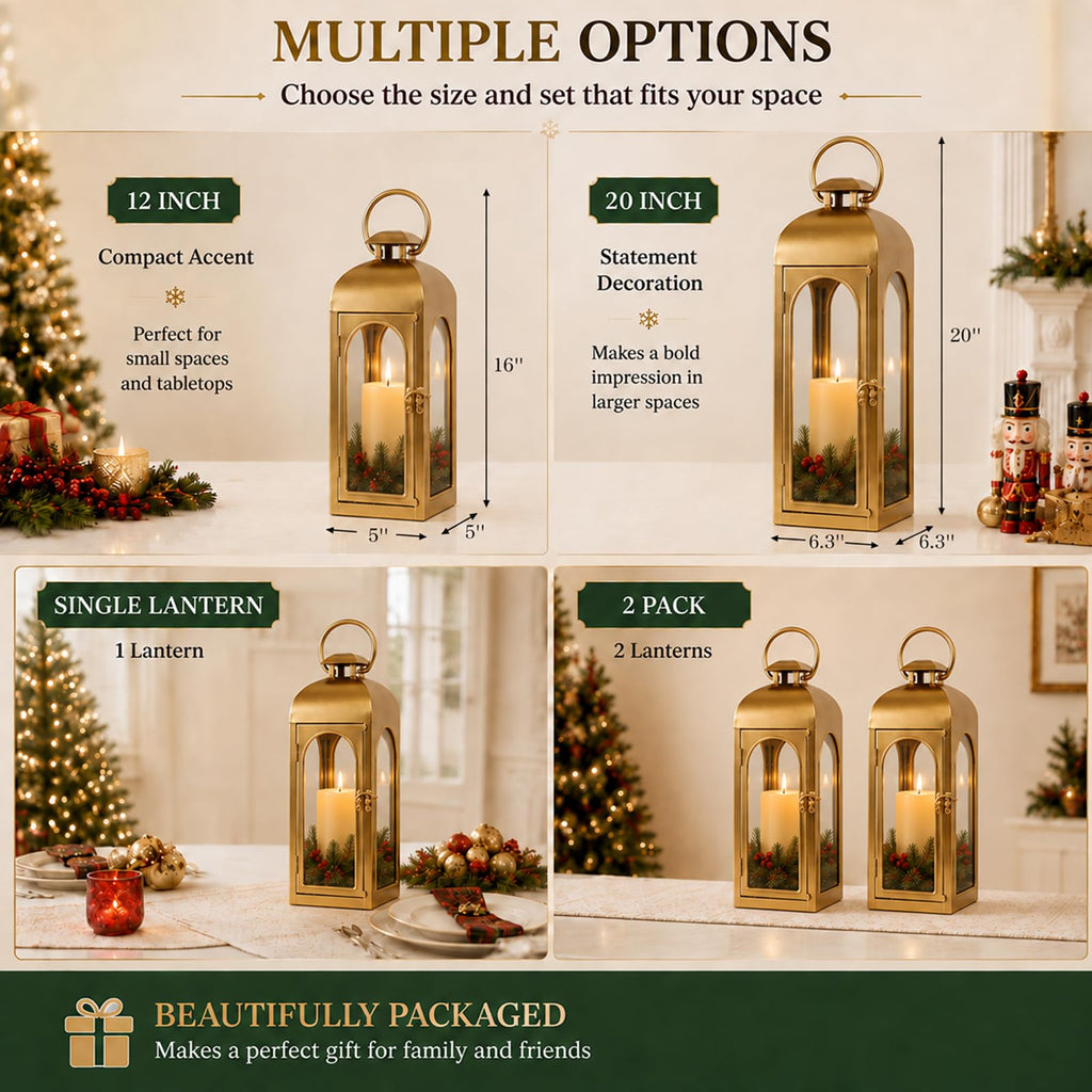 Christmas Decorative Lanterns Gold Metal Candle Holders 16 Inch 2 Pack