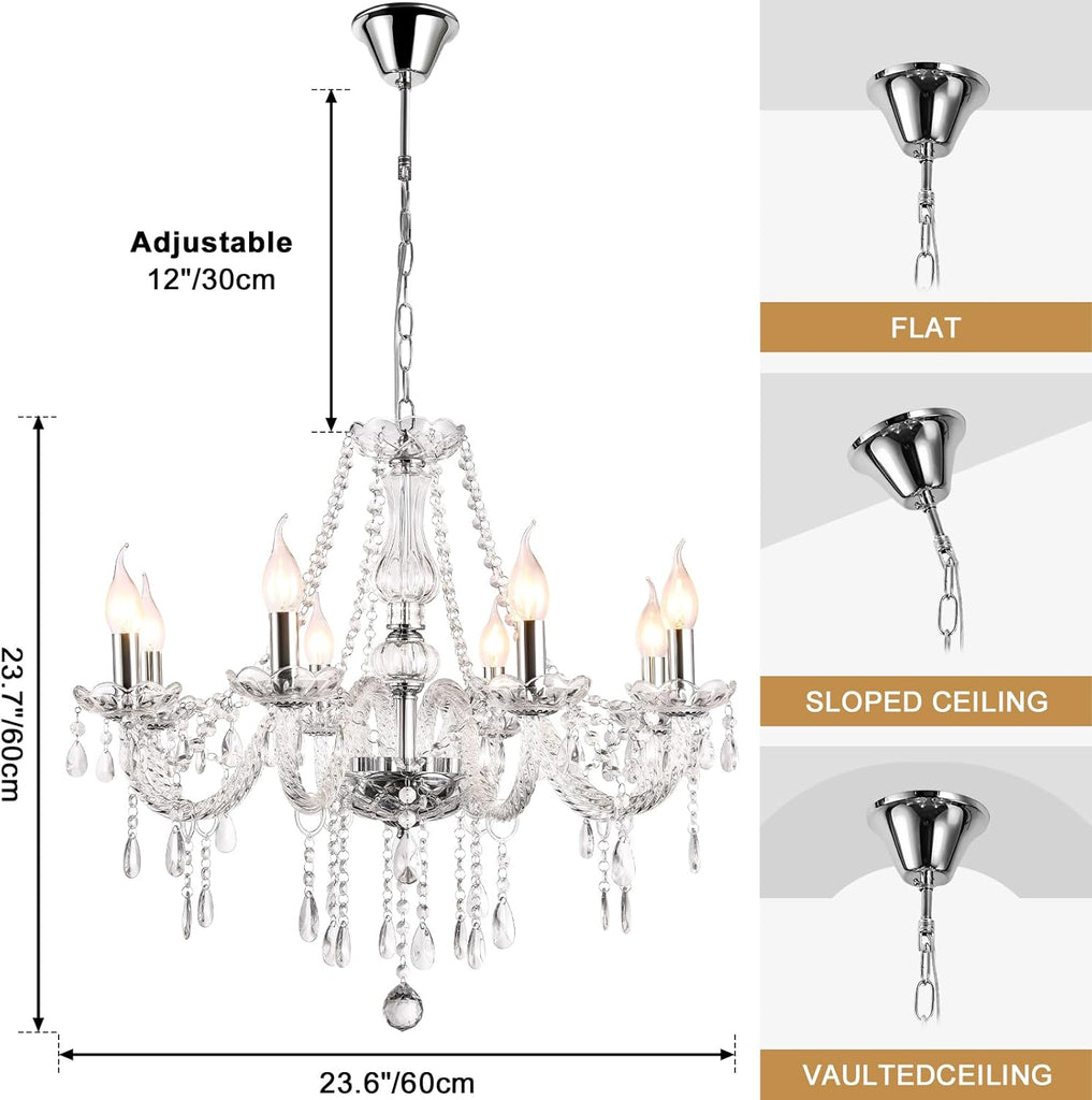 Modern Elegant 8 Lights K9 Crystal Glass Chandelier Silver Pendant Ceiling Lighting European Style for Dining Living Room Bedroom Transparent, 8 E12 Bulbs Required