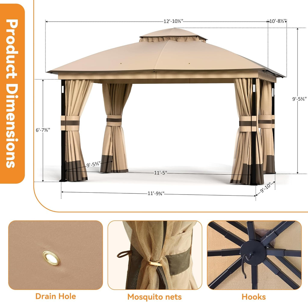 Patio Gazebo 11'x13' with LED Lights & Bluetooth Speaker, Heavy Duty Outdoor Canopy Shelter with Metal Frame - Khaki