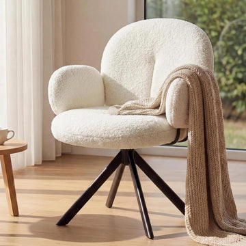 Cute Desk Chair No Wheels, 360° Swivel Accent Chairs with Arms, Modern Upholstered Dining Room Chairs with Tufted