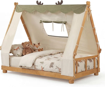 Twin Bed Frames for Kids, Wooden House Antlers-Shaped Floor Bed | Montessori Kids Bed w/Tent, Window, Fence Guard