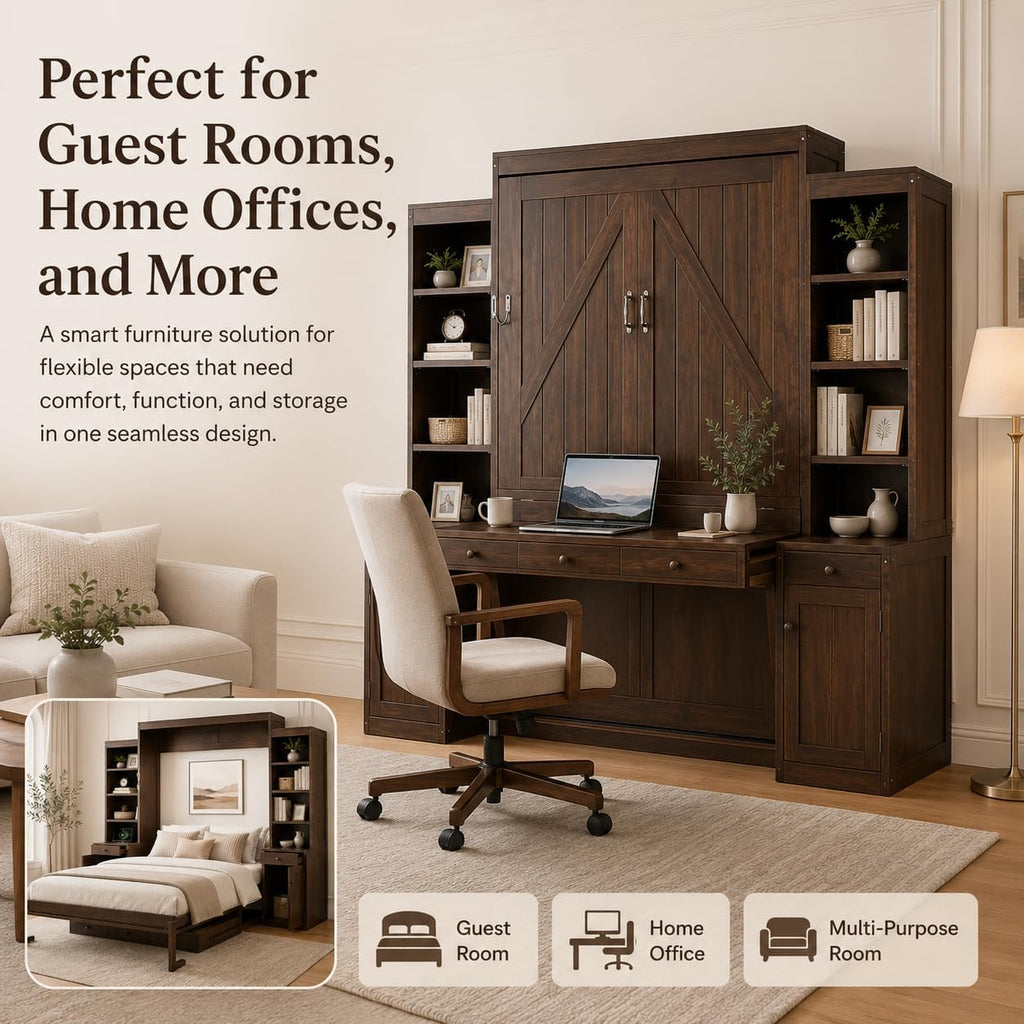 Queen Murphy Bed with Desk, Wall Bed Cabinet with Storage Shelves, Enclosed Cabinets and Hidden Foldout Workstation