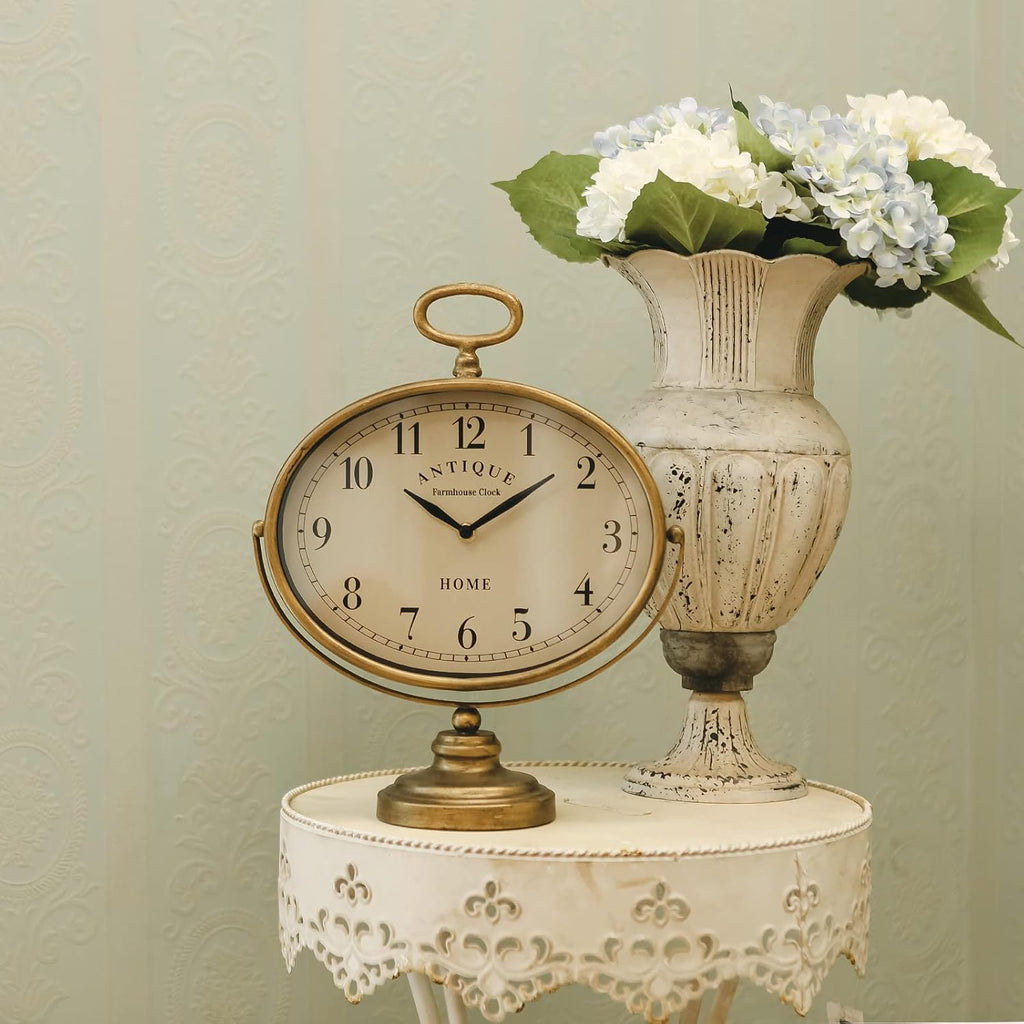 HOME Antique Table Clock, Gold Retro Desk Clock with Silent-Non-Ticking Battery Operated Rustic Desk Clock for