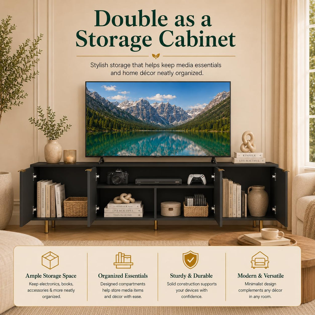 Modern Black with Storage Cabinets, 68 Inch TV Console, Fits 75 Inch TV, Farmhouse Style Media Stand with Grooved