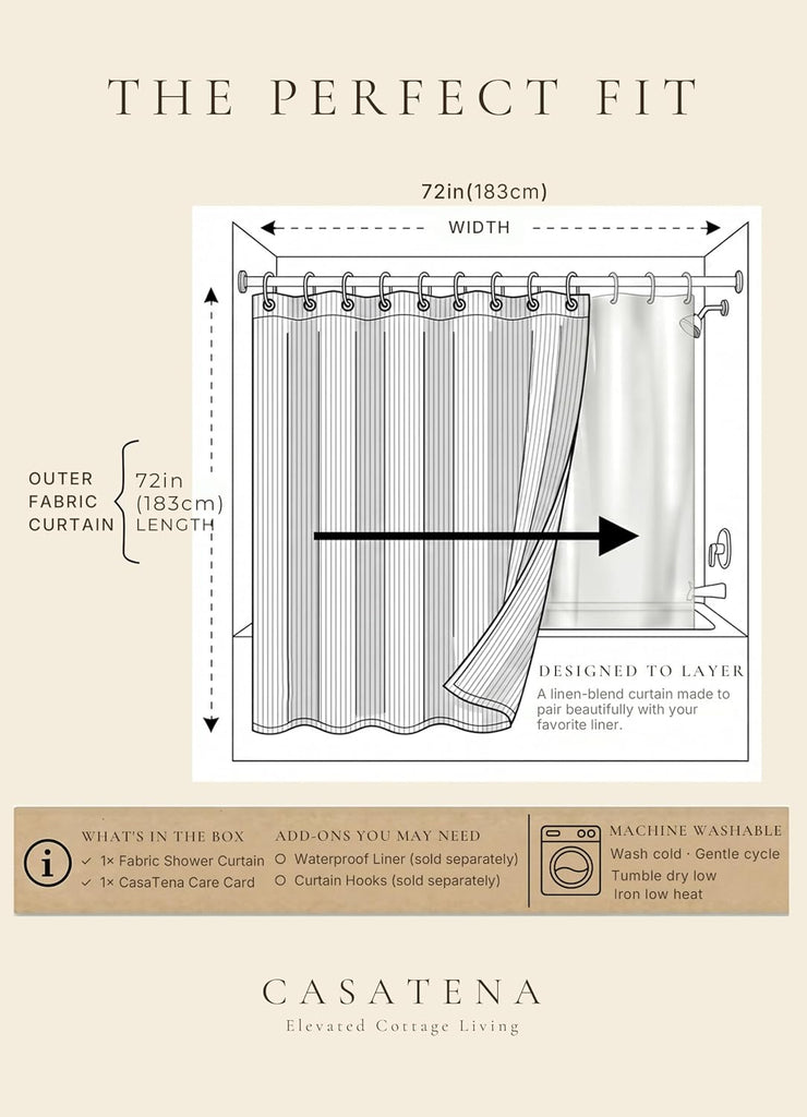 Farmhouse Striped Shower Curtain - 72x72 Inches, Linen Blend Fabric, Breathable & Machine Washable, Rustic Taupe