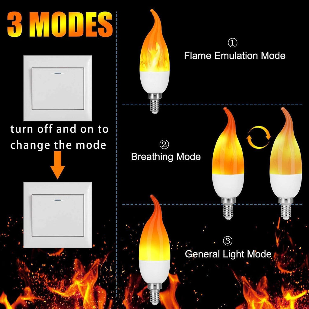 E12 Flame Bulbs 2 Packs, 3 Mode LED Candelabra 2.0 Watt Warm White Chandelier 1800k Candle Light Bulbs, Flame Tip for