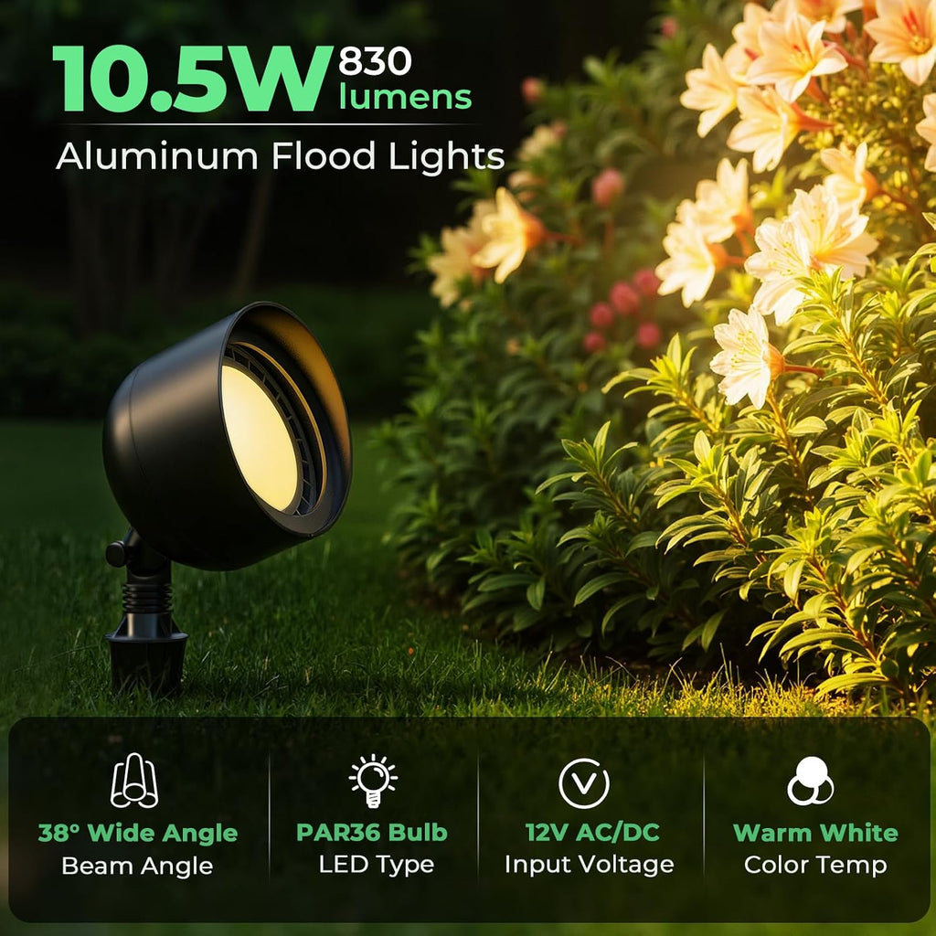 Low Voltage Landscape LED Flood Light, 12V Wide-Angle Outdoor Uplight for Bushes, Tree Canopy, Flagpole and Exterior