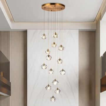 14-Light Crystal Chandeliers, 42W Raindrop Pendant Light Chandelier Large, Brass High Ceiling Chandelier Pendant Lighting with Clear Cut Crystal for Staircase Foyer Living Room