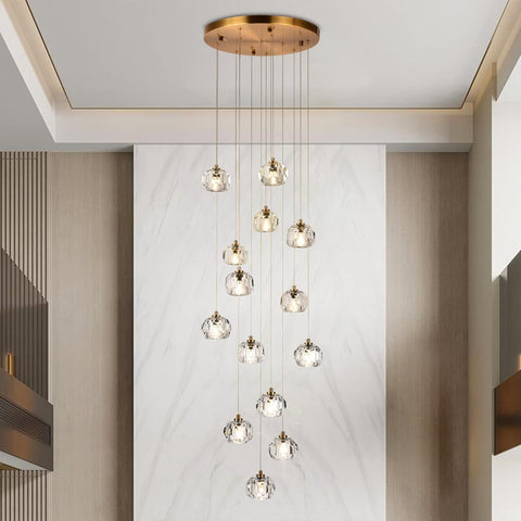 14-Light Crystal Chandeliers, 42W Raindrop Pendant Light Chandelier Large, Brass High Ceiling Chandelier Pendant Lighting with Clear Cut Crystal for Staircase Foyer Living Room A116-B0B6CMQ8L6