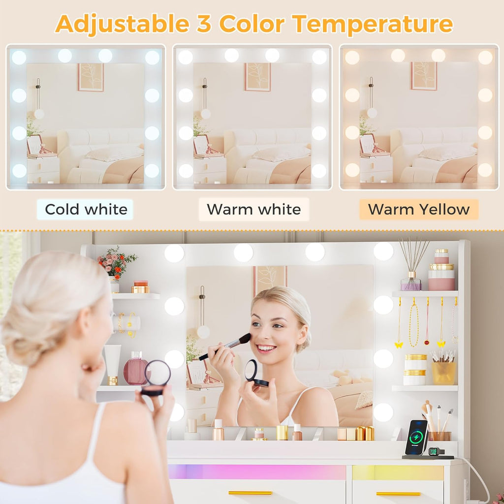 Large Vanity Desk with Mirror and Lights & Transparent Glass Top | 3 Colors Makeup Vanity Table Set with 9 RGB