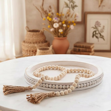 2 Pcs Farmhouse Round Tray Decor Set, 12" White Washed Beaded Round Wood Tray with 58" Long Beaded Garland for Coffee