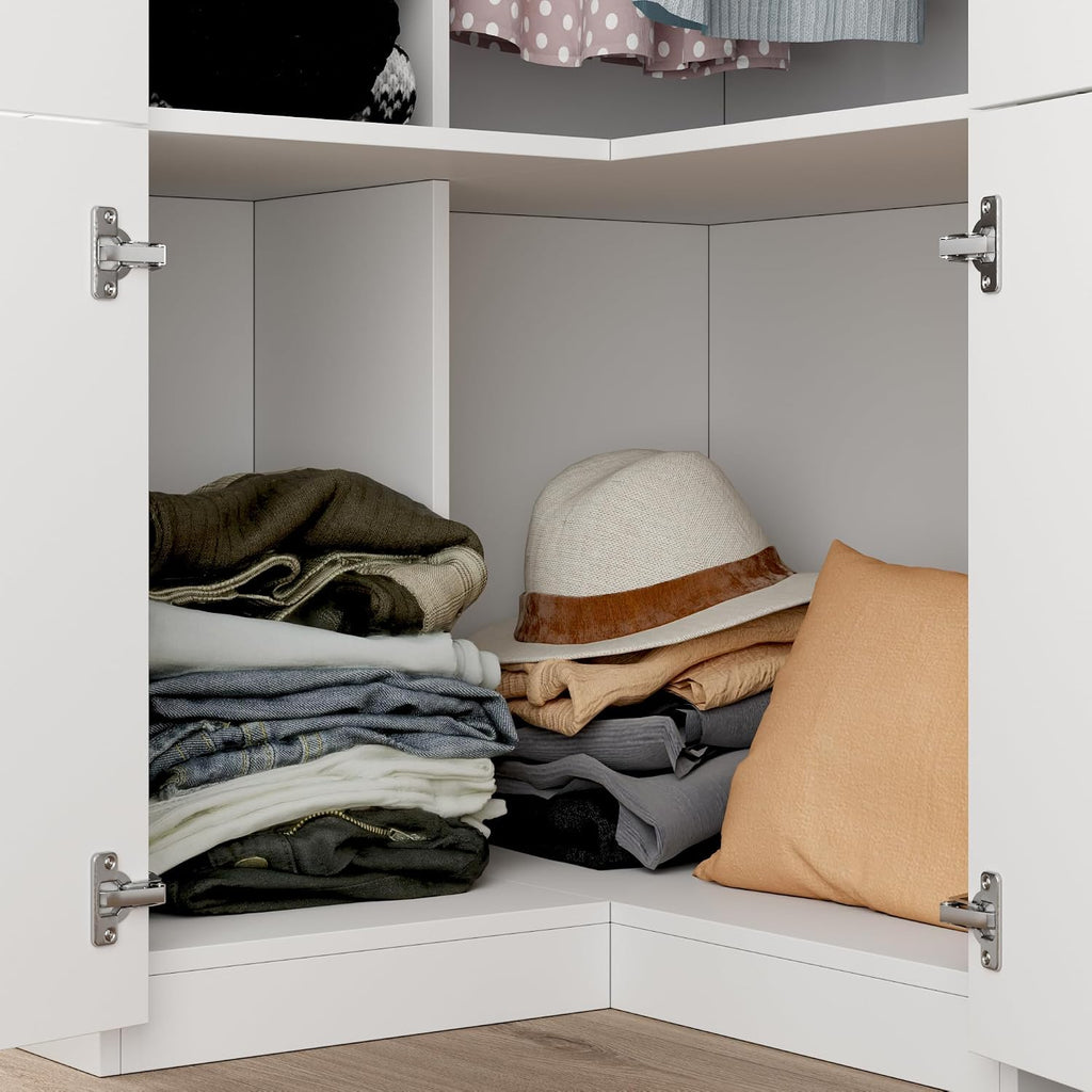 Corner Armoire Wardrobe Closet with Drawers, White Coat Closet with Doors, Modern Tall Wardrobe Corner Cabinet Closet
