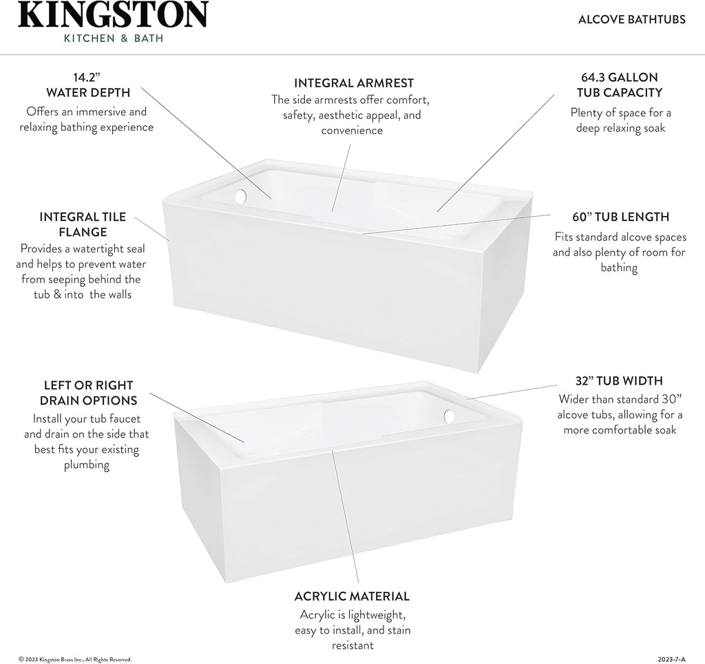 VTAM6032R22S 60-Inch Acrylic 2-Wall Corner Alcove Tub with Corner Apron, Right Hand Drain Hole, White