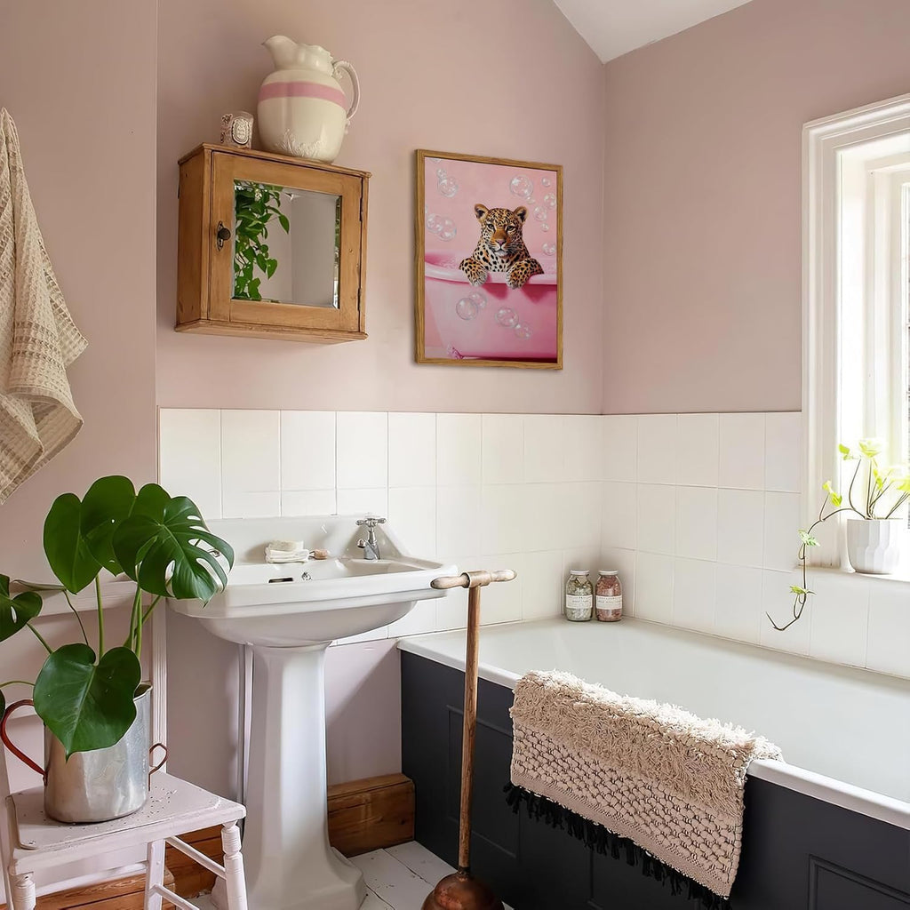 Funny Cheetah Bathroom Wall Art, Pink Leopard in Bathtub Wall Decor Paintings, Cute Animal Bathroom Poster Canvas
