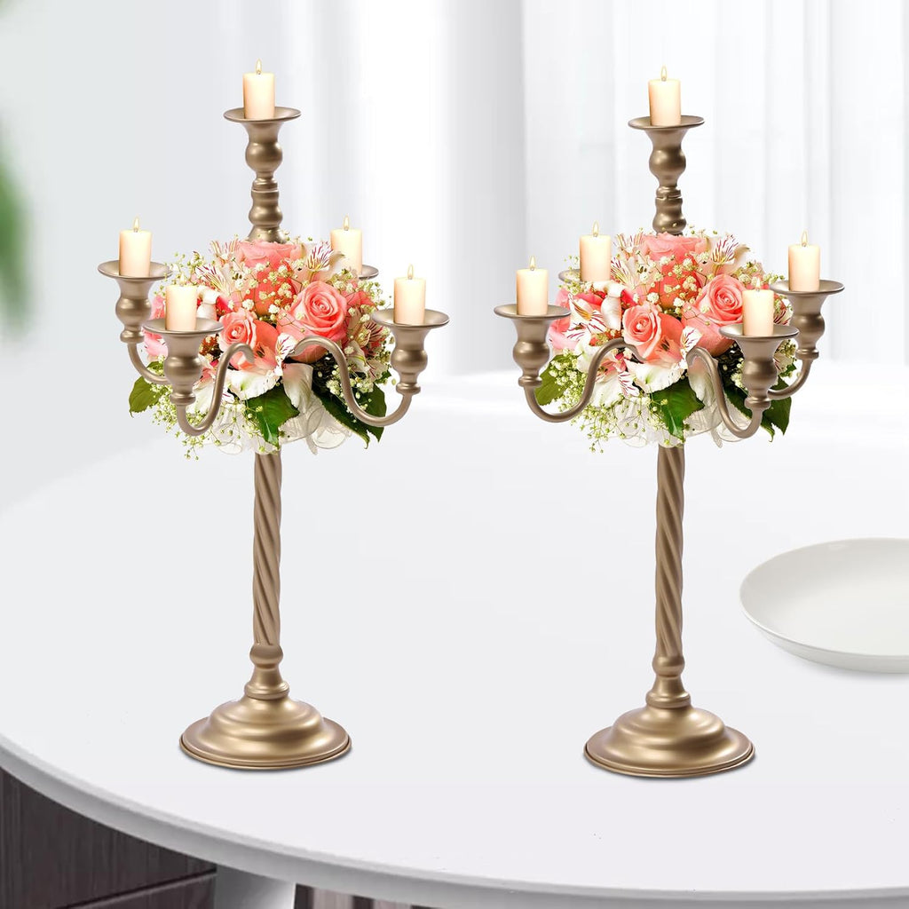 2Pcs Gold Candelabra, 21in Tall Taper Candlestick 5 Arms, Wedding Candelabra, Table Centerpiecent Reception