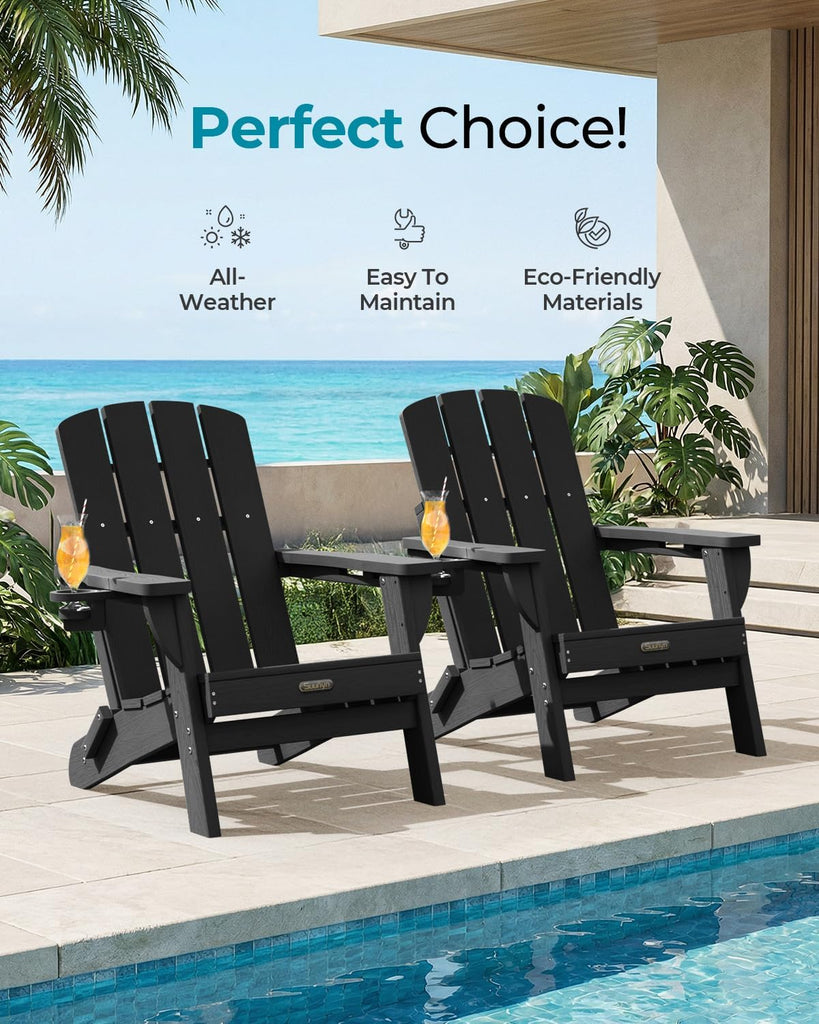 Folding Adirondack Chair, HDPE Adirondack Chairs with 2 Cup Holder, Plastic All-Weather Fire Pit Chairs, Outdoor Lawn