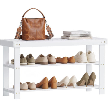 Bamboo Shoe Rack Bench, 3-Tier Shoe Organizer Storage Shelf Hallway Bathroom Living Room (White)