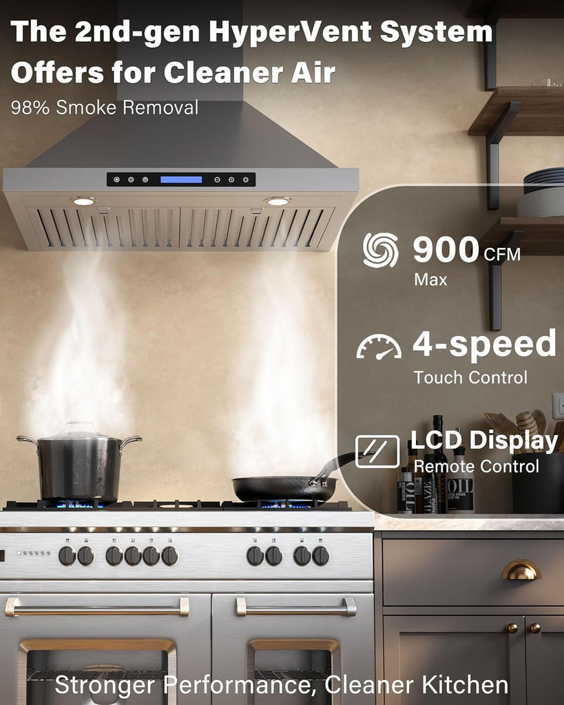 30 Inch Stainless Steel Wall Mount Range Hood 900 CFM Ultra-Quiet 4 Speed Touch & Remote Control, LED Lights Convertible Ducted/Ductless