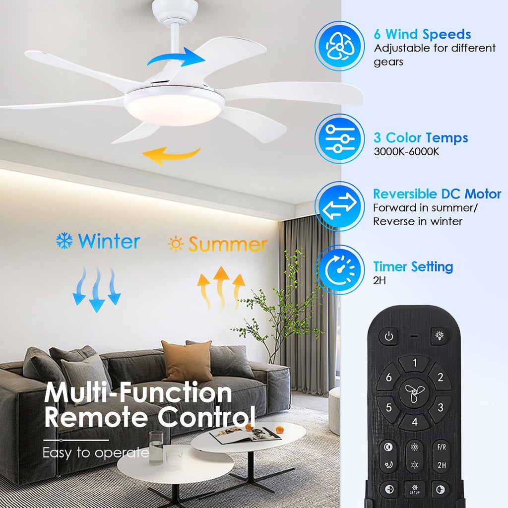 White Ceiling Fan with Lights and Remote - 46" Modern Indoor Ceiling Fan Light Low Profile, Dimmable, Reversible Quiet Motor and Timing, Outdoor Ceiling Light for Covered Patios