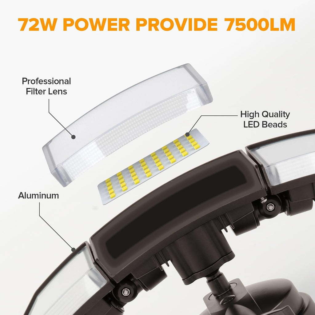 72W 7500LM LED Security Lights Motion Sensor Light Outdoor, 5000K Daylight, IP65 Waterproof, Dusk to Dawn, 3-Head