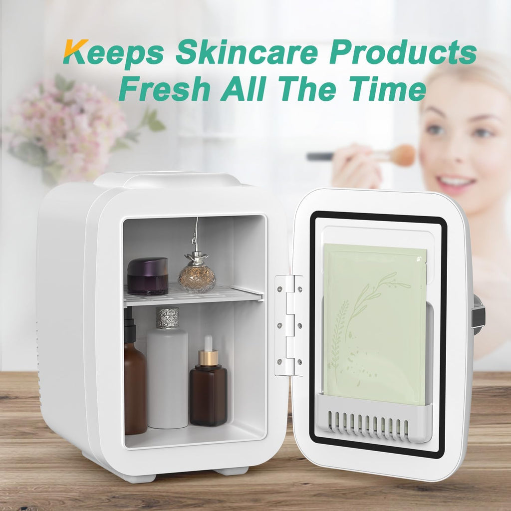 Mini Fridge, 4 Liter/6 Can Portable Cooler and Warmer Personal Refrigerator for Skin Care, Cosmetics, Beverage