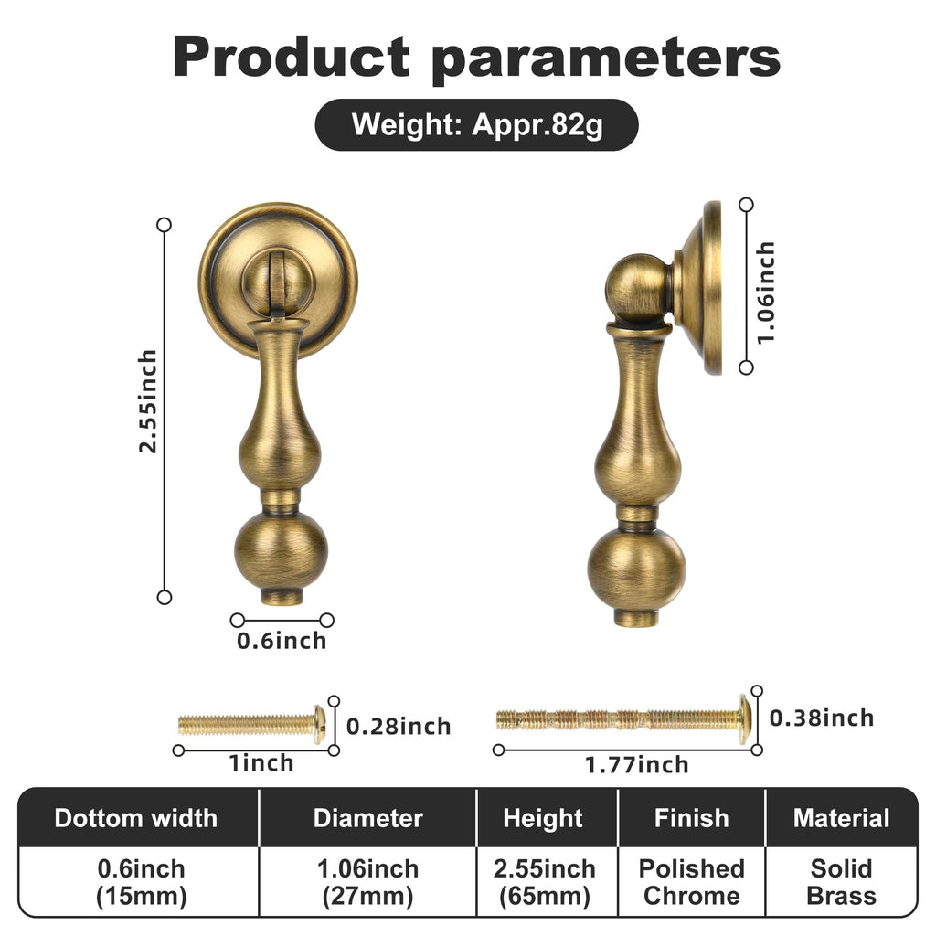 Antique Brass Cabinet Drop Pulls 6 Pack, Solid Brass Dresser Drawers Knobs, Modern Cupboard Wardrobe Pendant Knob