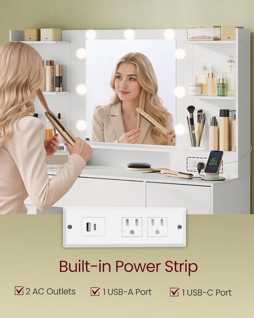Collection - Vanity Desk with Mirror and 9 LED Bulbs, Modern Vanity Makeup Table with Power Outlets, Dressing Table