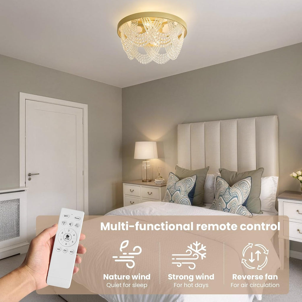 Crystal Caged Ceiling Fans with Lights Flush Mount, 20 inch Crystal Fandelier Ceiling Fan with Light and Remote