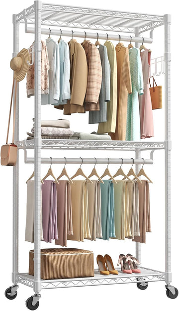 Heavy Duty Clothing Rack with Wheels, 3-Tier Adjustable Wire Garment Rack, Metal Freestanding Closet Organizer System