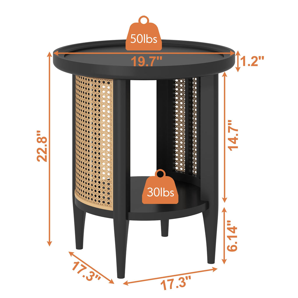 Round Rattan Style Side Table with Solid Wood Legs, Boho Style Nightstand Bedside Table with 2-Tier Shelves, Small