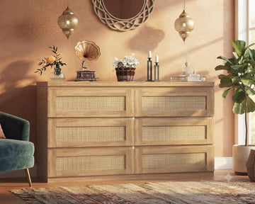 Rattan 6-Drawer Dresser - Slim Wooden Chest of Drawers, Durable Freestanding Storage Organizer Cabinet, Oak