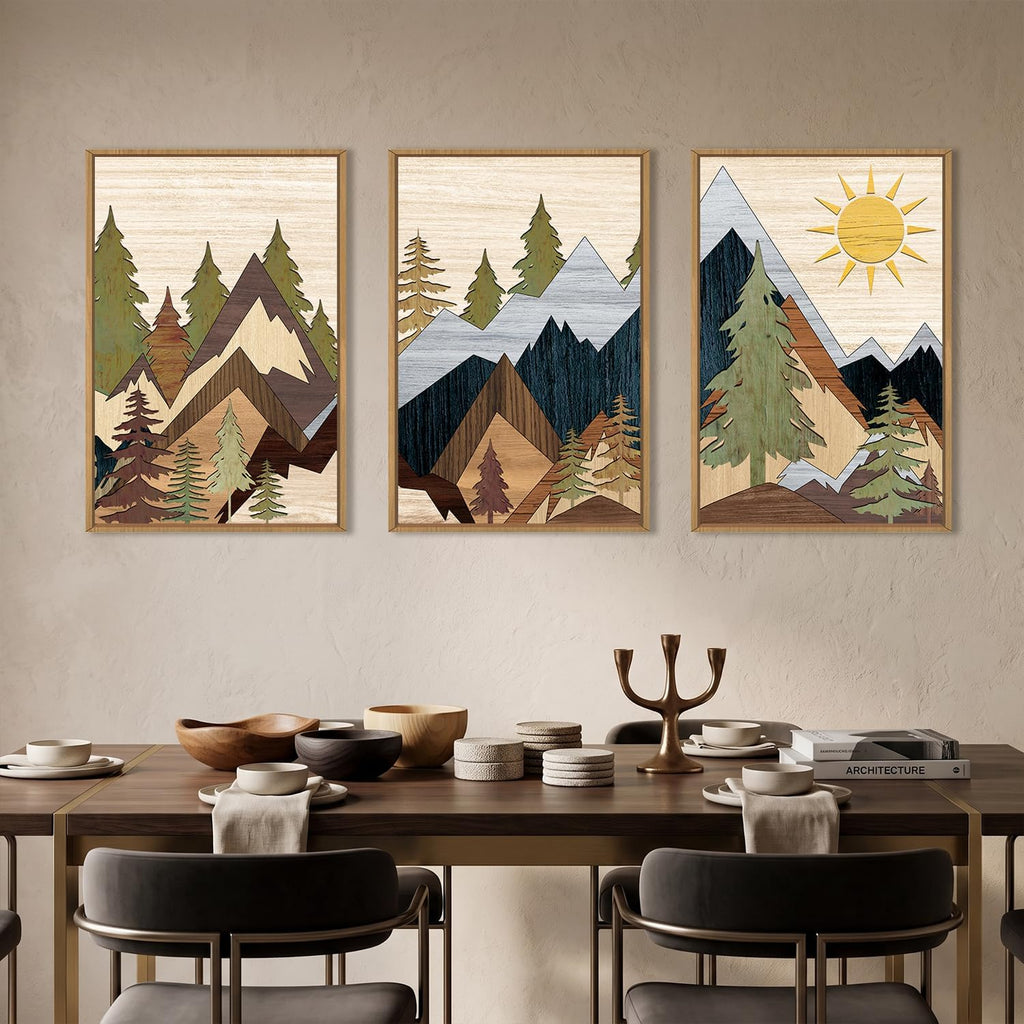 Ausri Boho Mountain Pine Tree Framed Canvas Wall Art Set -16"x24"x3